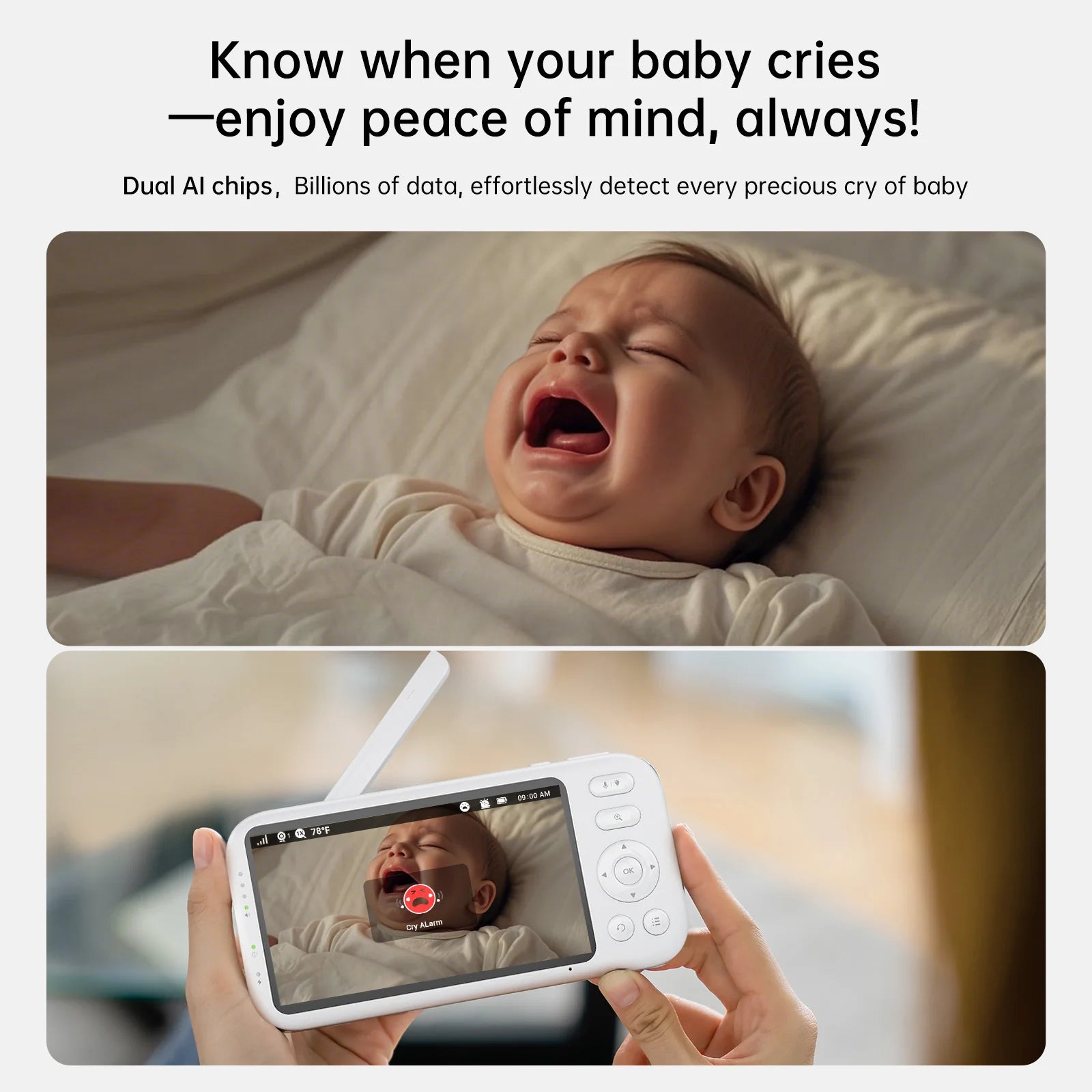 2K Video Baby Monitor, 3600Ft Long Range No Wifi Baby Monitor with 2 Cameras and Audio, 5.5" Split Display, AI Cry Detect, IR Night Vision, 2-Way Audio, 6000Mah