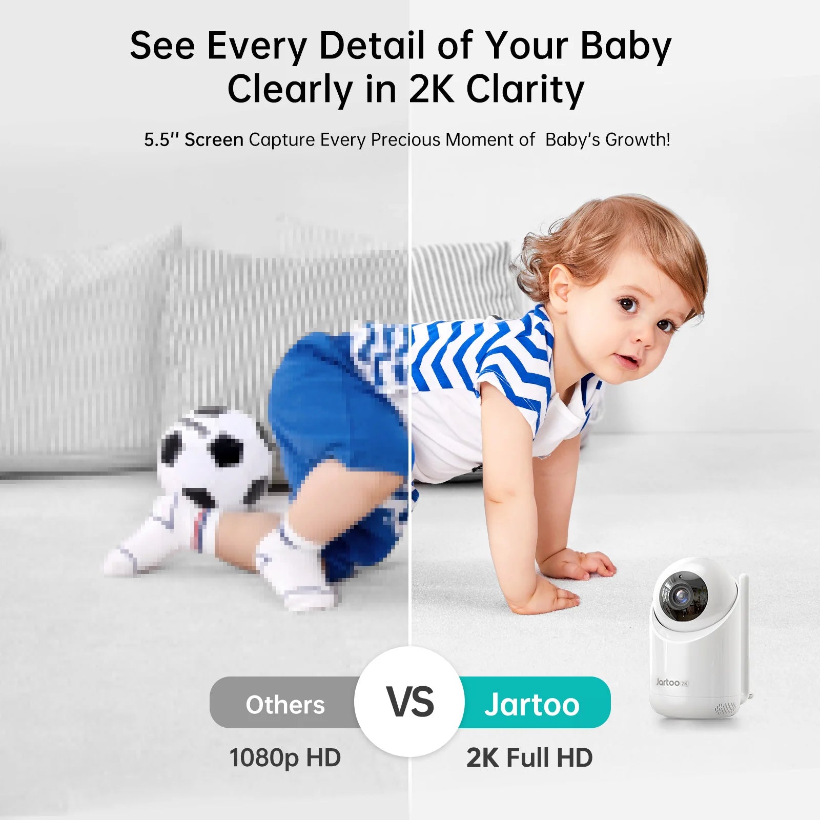 2K Video Baby Monitor, 3600Ft Long Range No Wifi Baby Monitor with 2 Cameras and Audio, 5.5" Split Display, AI Cry Detect, IR Night Vision, 2-Way Audio, 6000Mah
